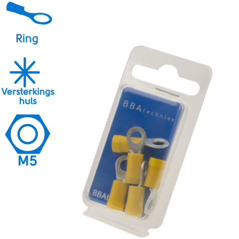 BBAtechniek artnr. 17511 - Kabelschoen ring M5 Ø5.3mm* geel (5x)