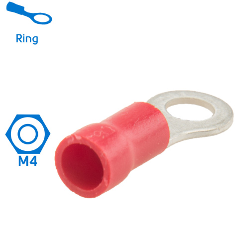 BBAtechniek artnr. 10947 - Kabelschoen ring M4 Ø4.3mm rood (100x)