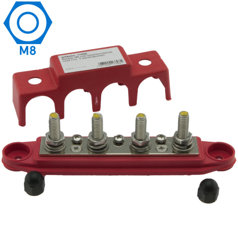 Busbar M8 4-punts rood met beschermkap (1x)