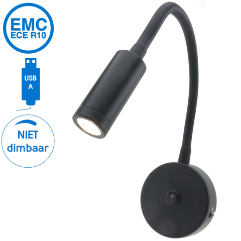 BBAtechniek artnr. 65574 - Venetië Flex LED 12V 2W zwart met USB 2.1A (1x)