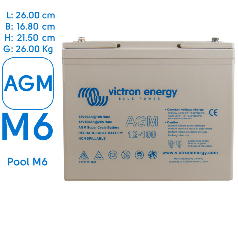 BBAtechniek artnr. 90059 - 12V 100Ah Victron AGM Super cycle accu M6 (1x)