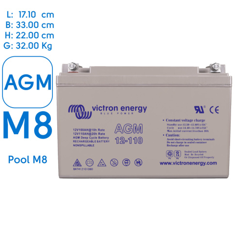 BBAtechniek artnr. 38214 - 12V 110Ah Victron AGM accu M8 (1x)
