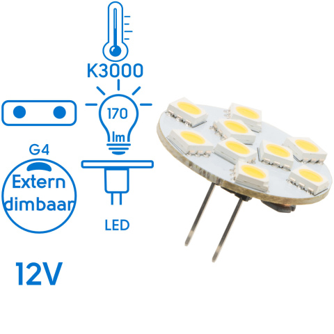 BBAtechniek artnr. 43218 - G4 10-30VDC 1.8W 3000K 170lm LED9 back pin (1x)