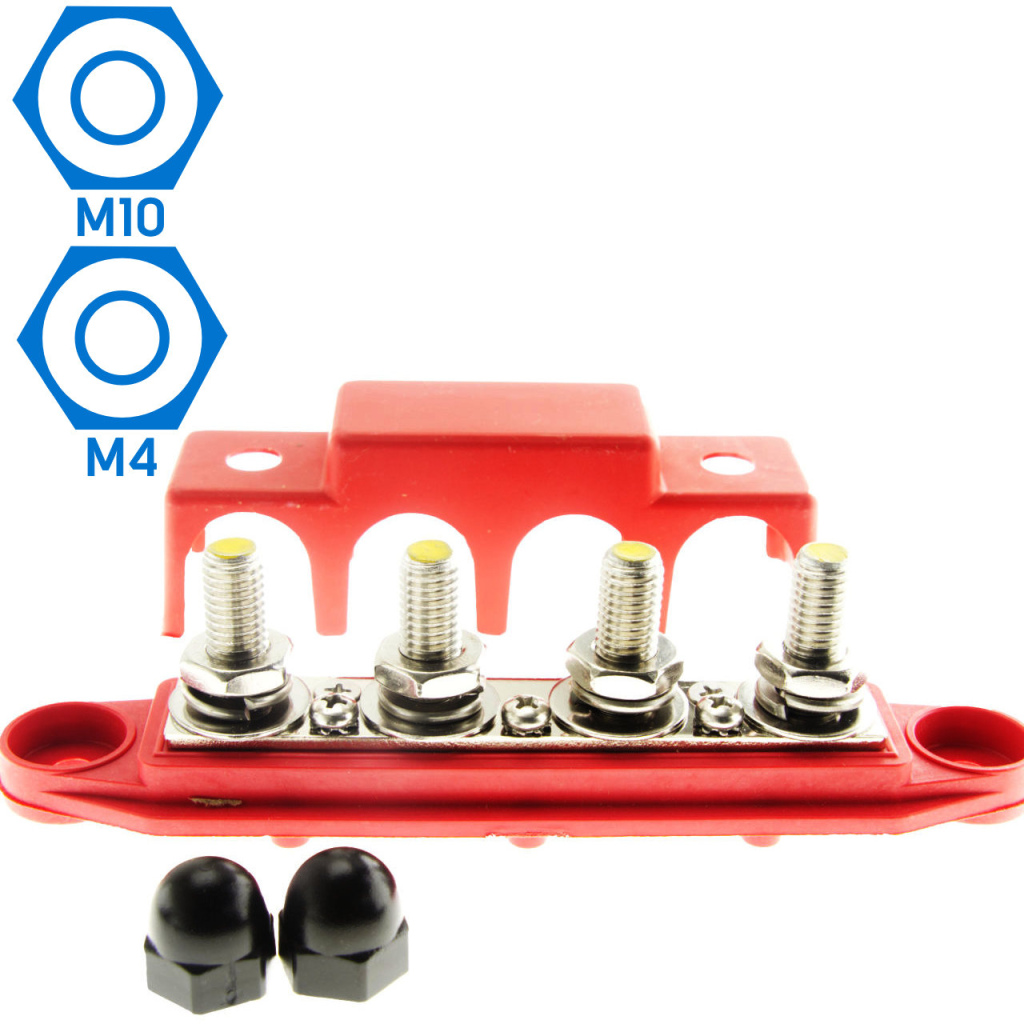 BBAtechniek - DC verdeelrail 4x M10 + 3x M4 rood (1x)