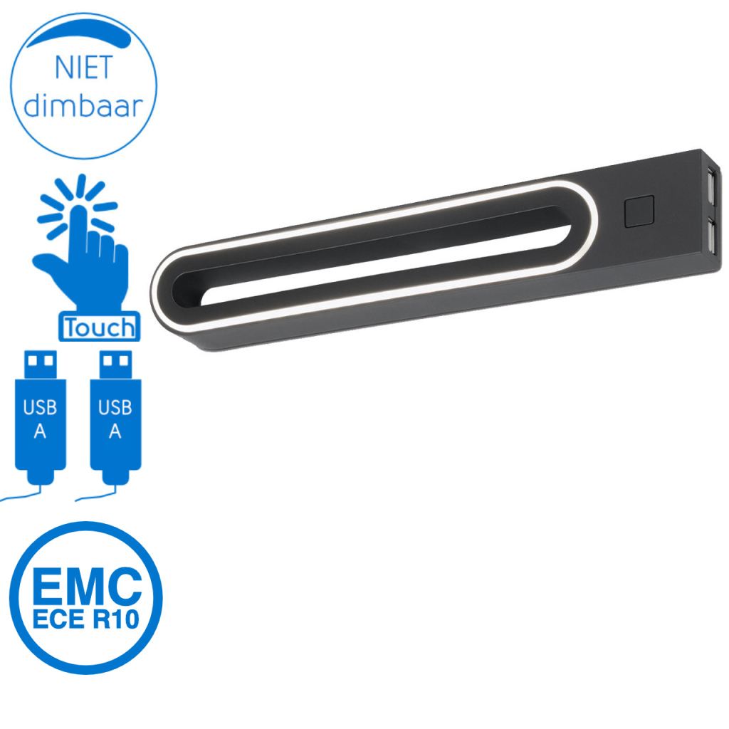 BBAtechniek - Bolonga B LED wandlamp 12V 3W zwart 2x 1A USB (1x)