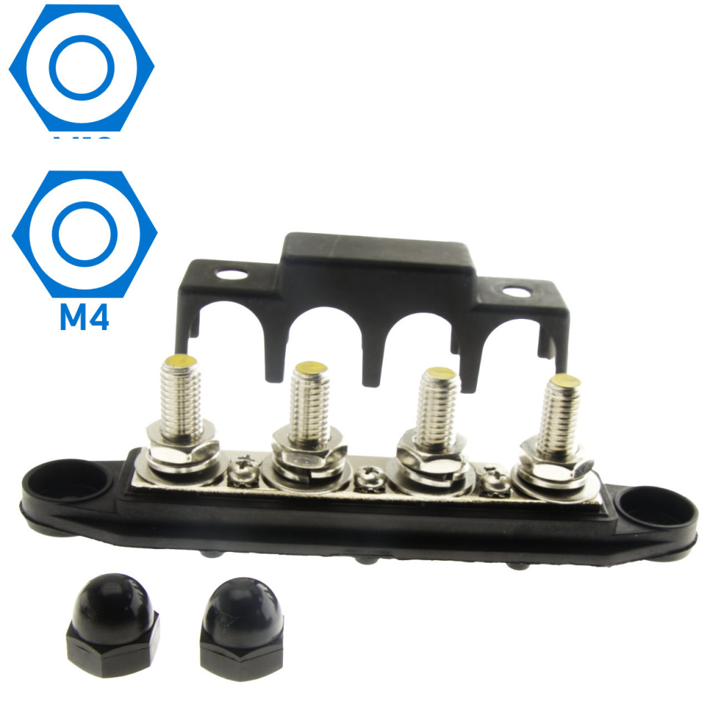 BBAtechniek - DC verdeelrail 4x M10 + 3x M4 zwart (1x)