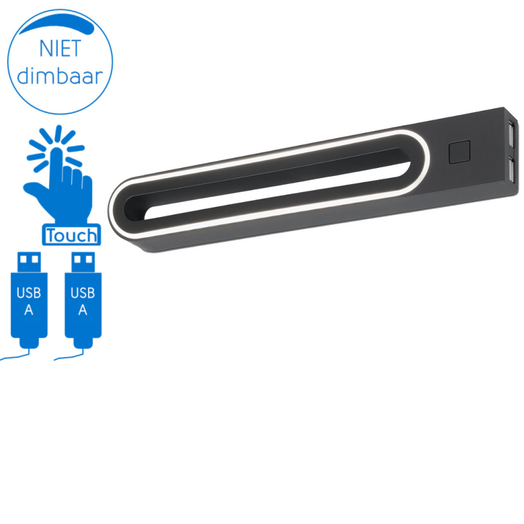 BBAtechniek - Bolonga B LED wandlamp 12V 3W zwart 2x 1A USB (1x)