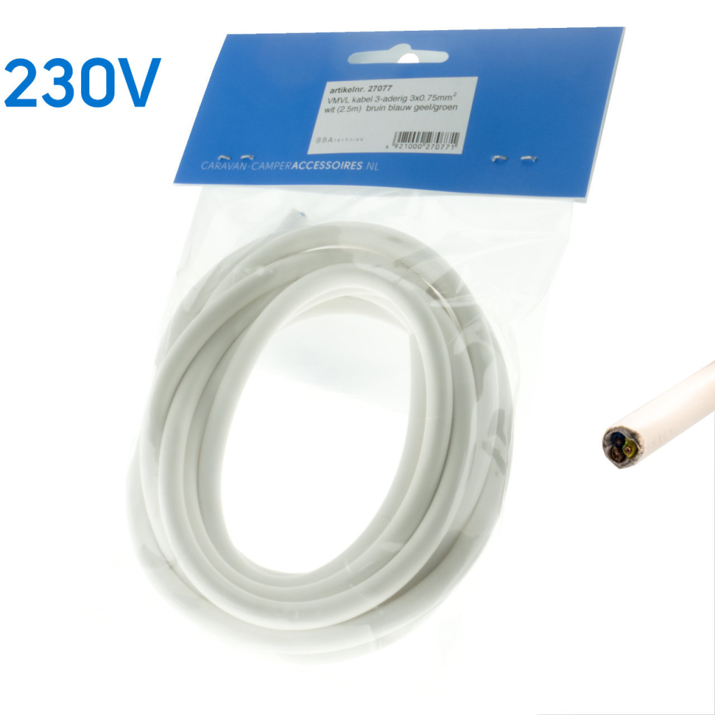 BBAtechniek - VMVL kabel 3-aderig 3x0.75mm2  wit (2.5m)