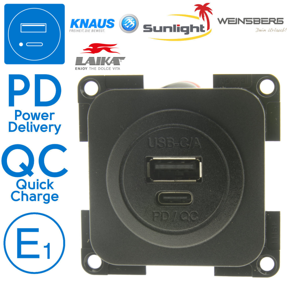 BBAtechniek - USB C/A PD QC 3A 30W inbouw zwart (1x) 